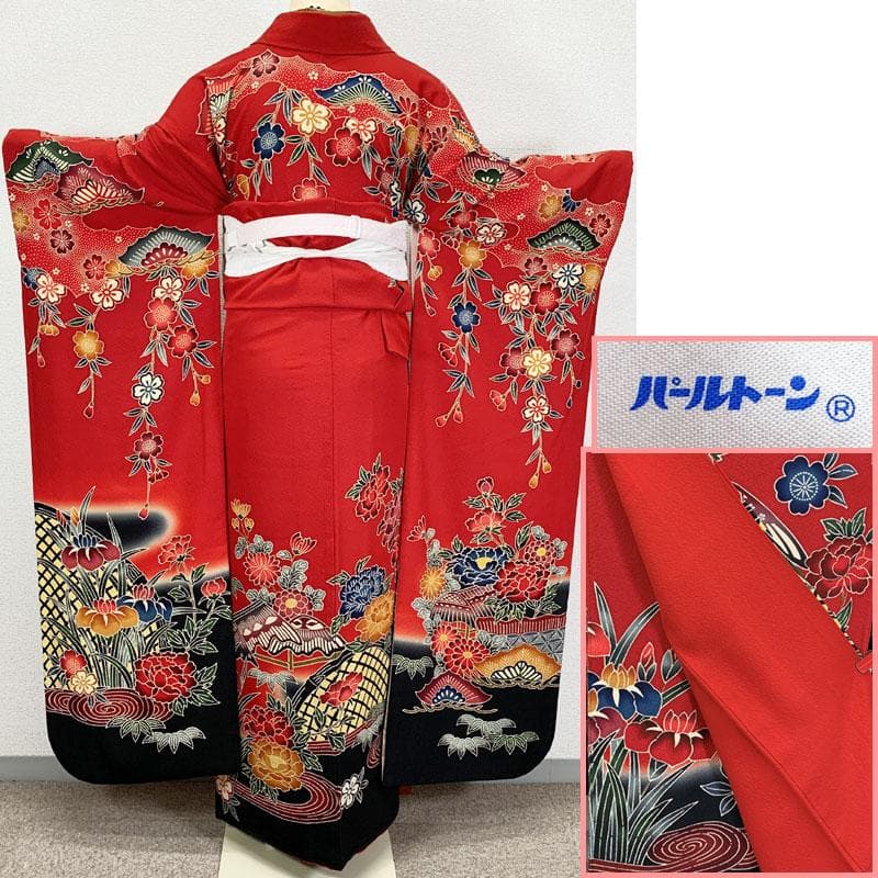 602z17,403y34,小物類☆紅型振袖 古典柄 松竹梅 赤黒☆美品 成人式