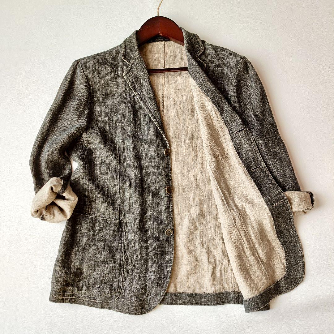 【美品/伊製】KRIZIAUOMO リネン100 ヘリンボーン ジャケット XL