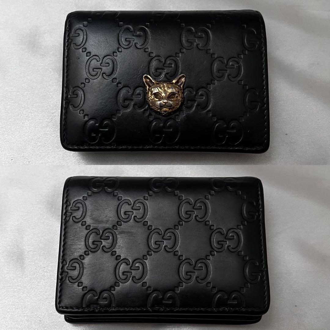 ◇激レア美品◇グッチ　キャットヘッド×シマレザー　コンパクト折り財布　ブラック