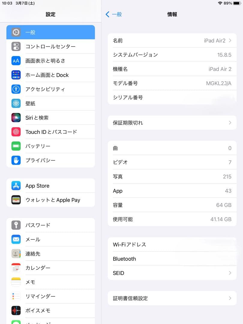 iPad Air 2 64GB Wi-Fiモデル 付属品完備 バッテリー82%