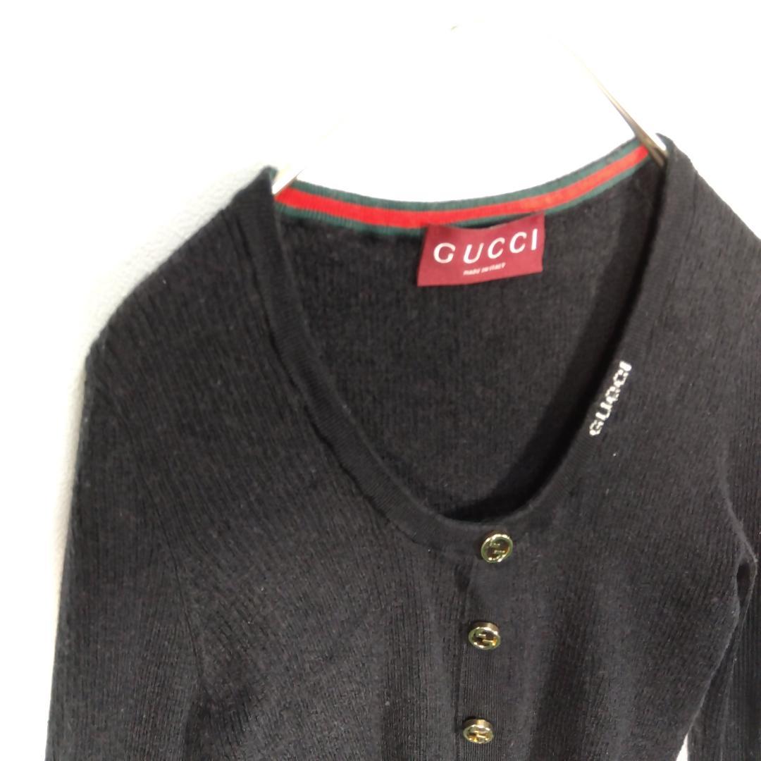 GUCCI 黒 Uネック カーディガン ロゴボタン　シルクウール　グッチ