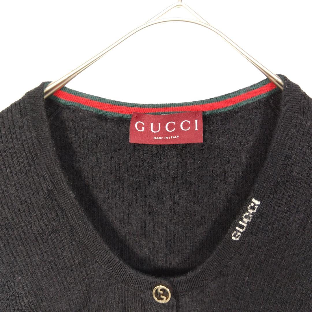 GUCCI 黒 Uネック カーディガン ロゴボタン　シルクウール　グッチ