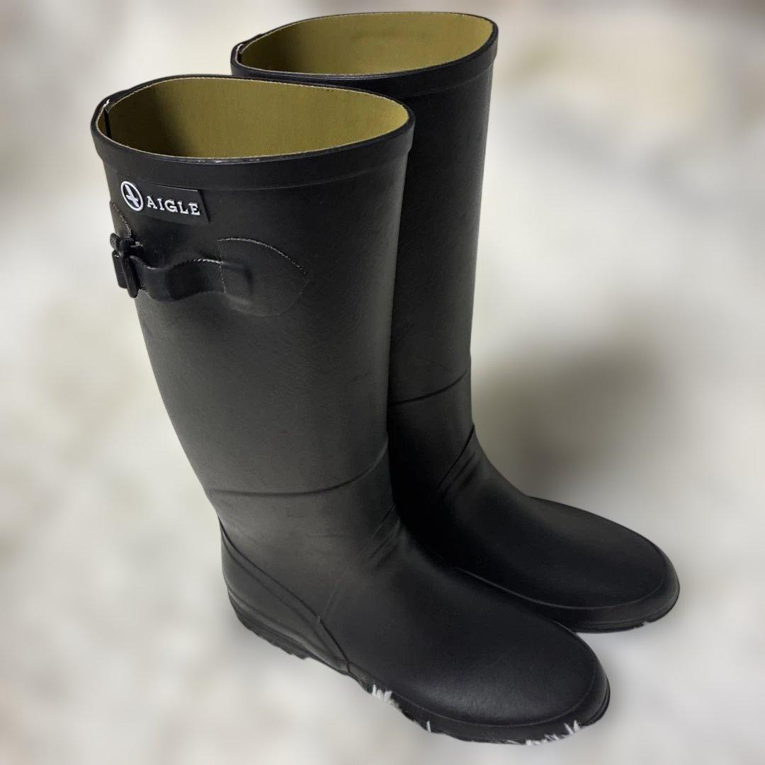 AIGLE ブラック 長靴 バックル付き24.5cm
