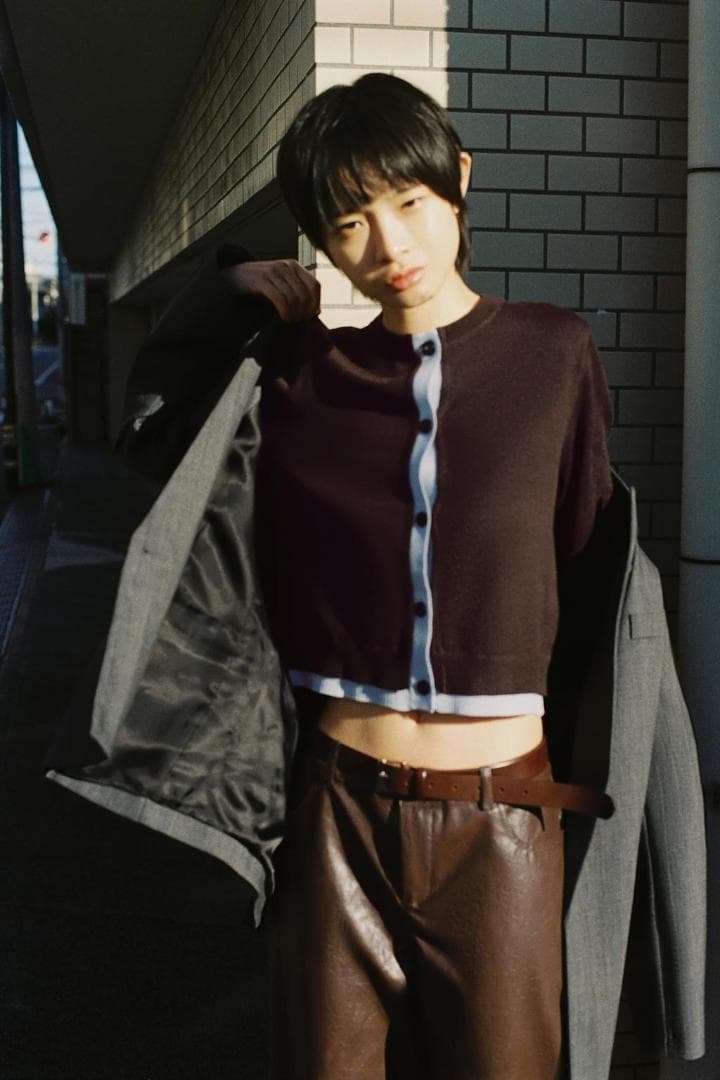新品 ZARA コントラストニットカーディガン ブラウン L