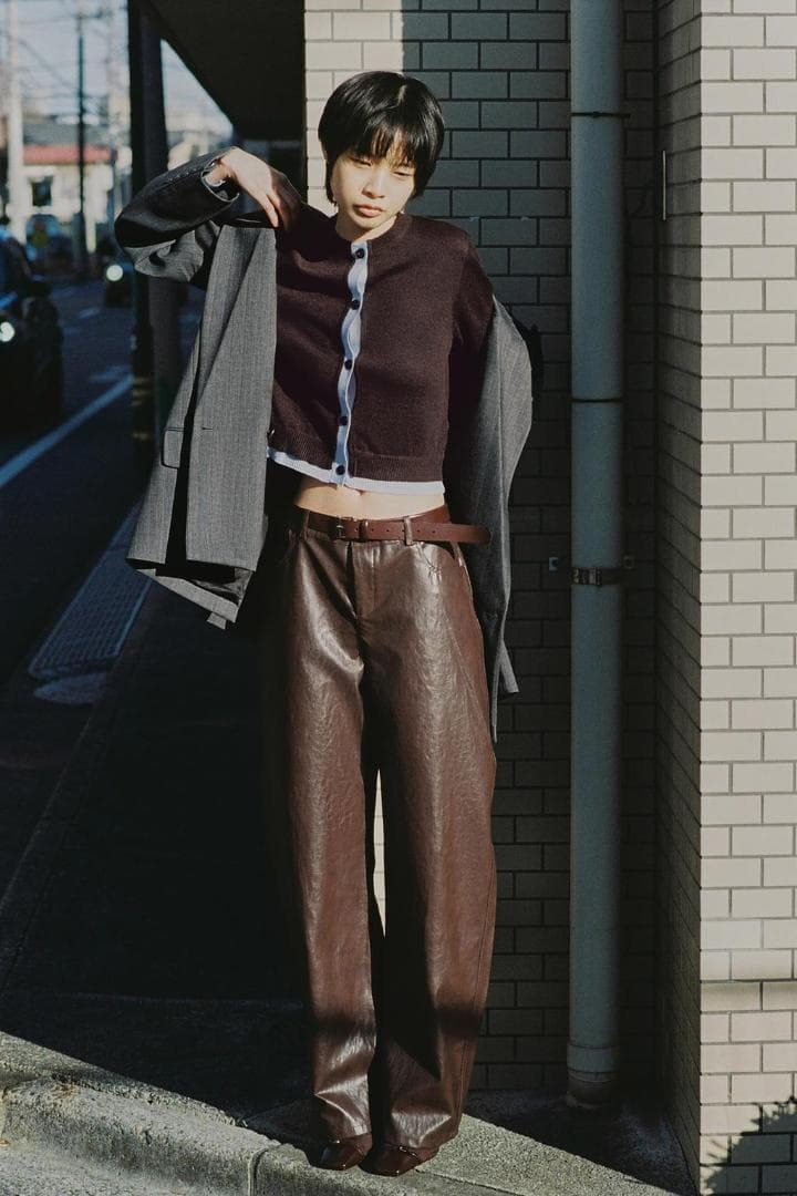 新品 ZARA コントラストニットカーディガン ブラウン L