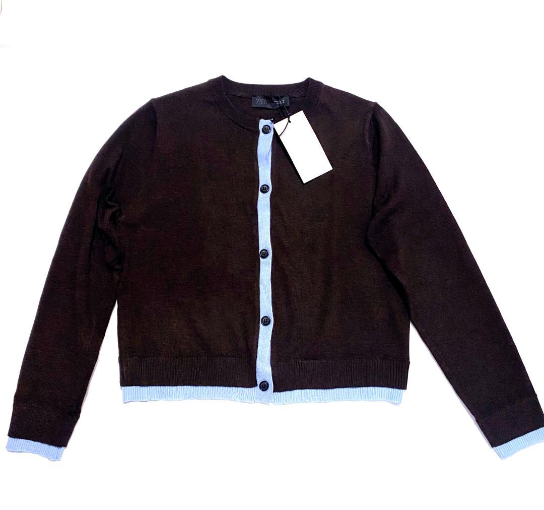 新品 ZARA コントラストニットカーディガン ブラウン L