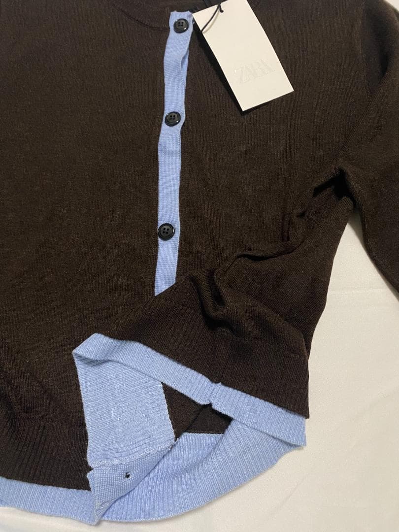 新品 ZARA コントラストニットカーディガン ブラウン L