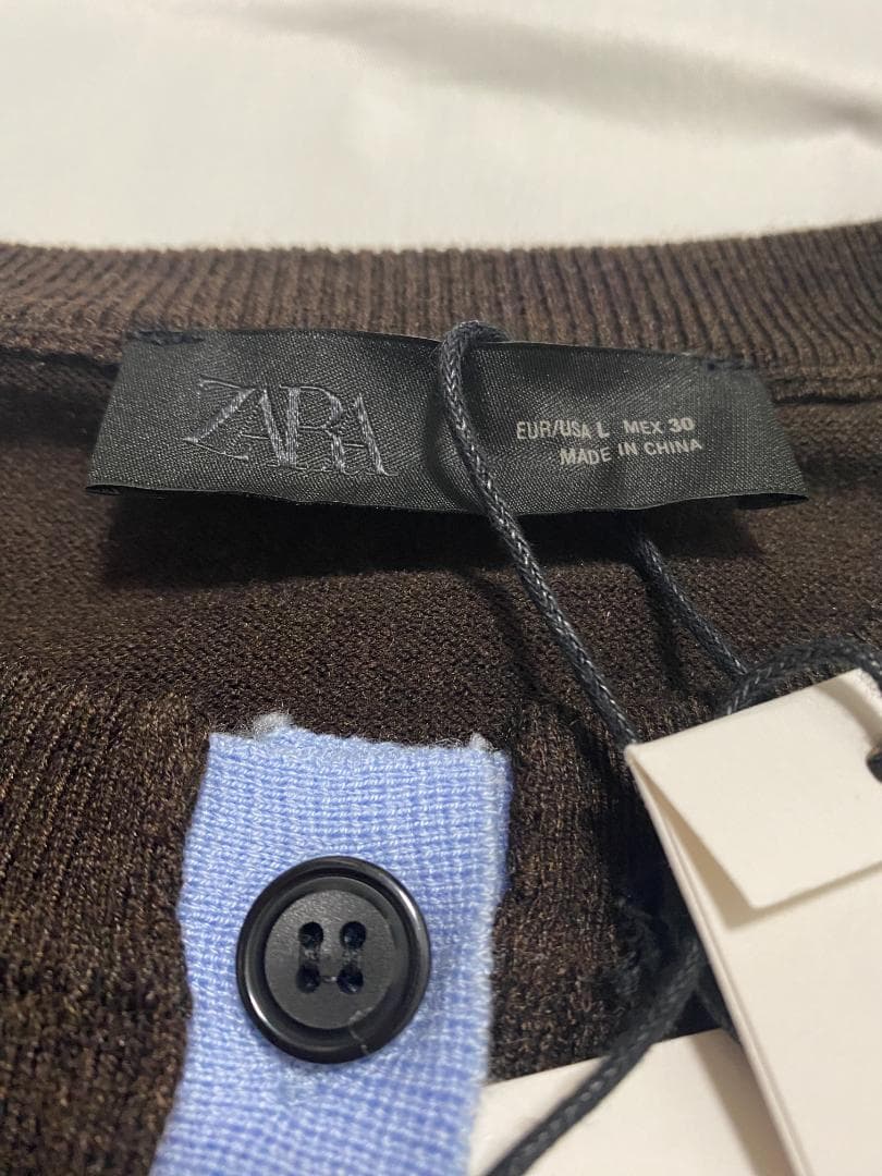 新品 ZARA コントラストニットカーディガン ブラウン L