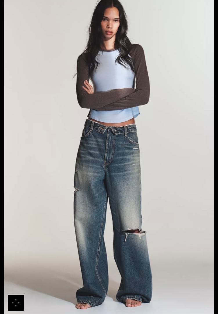 ザラ ZARA TRF折り返しウエストミッドライズデニムパンツ ダメージ 32