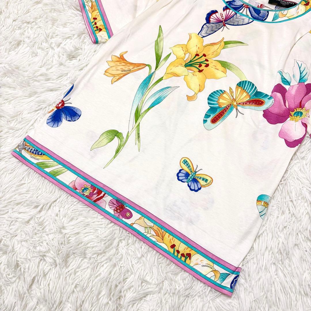【LEONARD レオナール】花柄 フラワー 蝶 Tシャツ カットソー 半袖 M