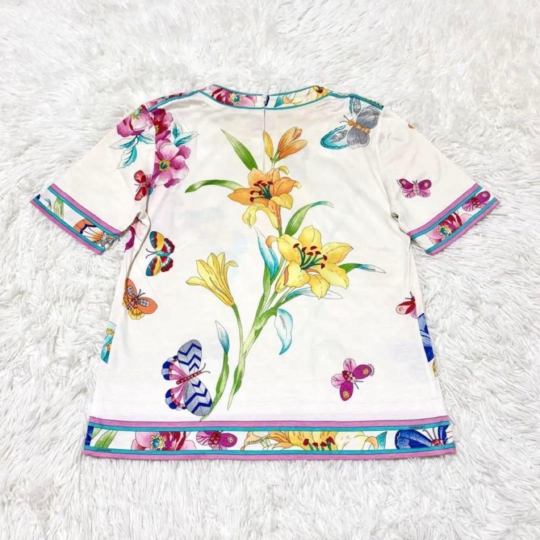【LEONARD レオナール】花柄 フラワー 蝶 Tシャツ カットソー 半袖 M