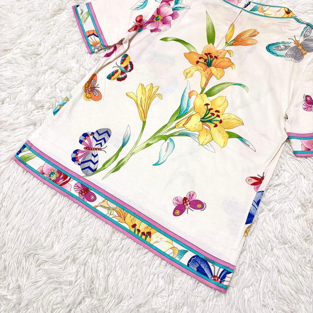 【LEONARD レオナール】花柄 フラワー 蝶 Tシャツ カットソー 半袖 M