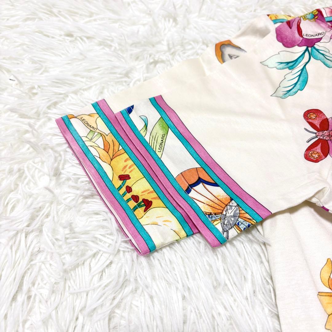【LEONARD レオナール】花柄 フラワー 蝶 Tシャツ カットソー 半袖 M