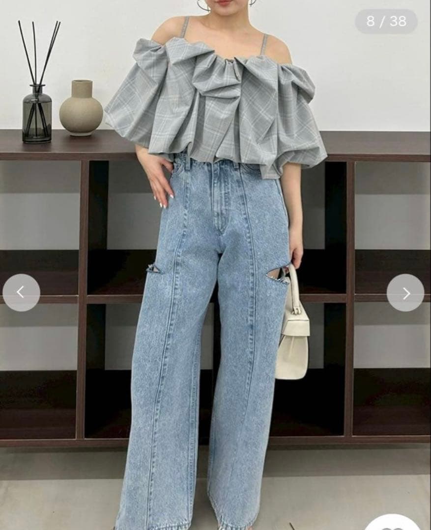 フレイアイディー　カットアウトバレルデニムパンツ　LBLU 0