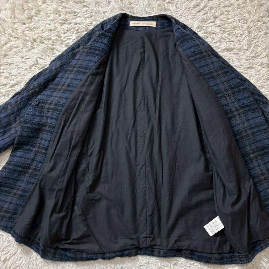 kagureかぐれ ウールリネンチェックコート ブルー