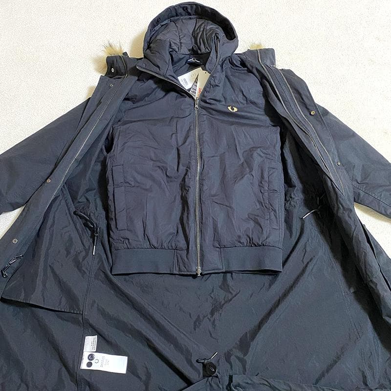 【未使用】フレッドペリー FRED PERRY ファー付きブラック モッズコート