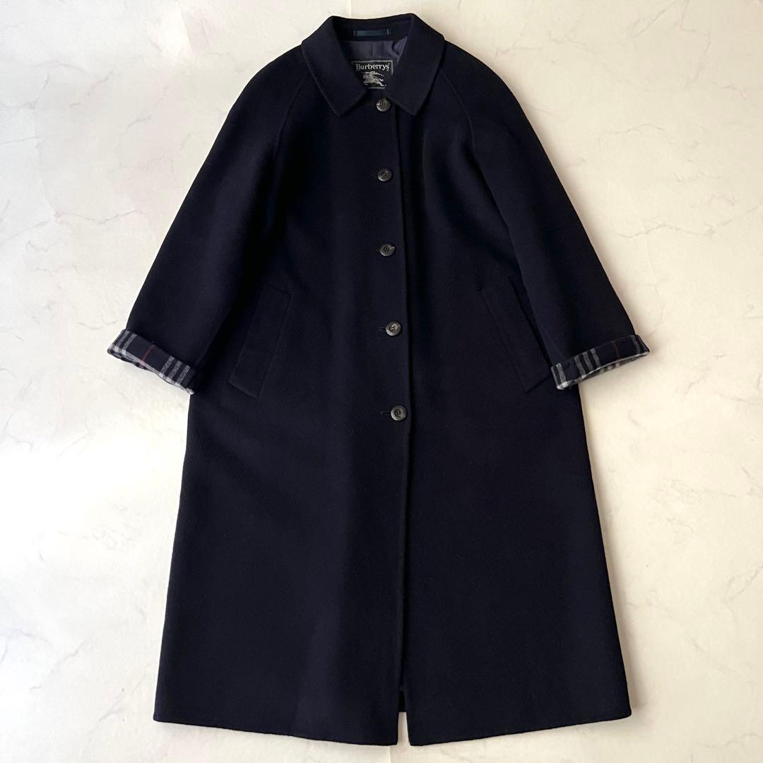バーバリー ダブルフェイス ロングコート ネイビー ノバチェック カシミヤ混 M