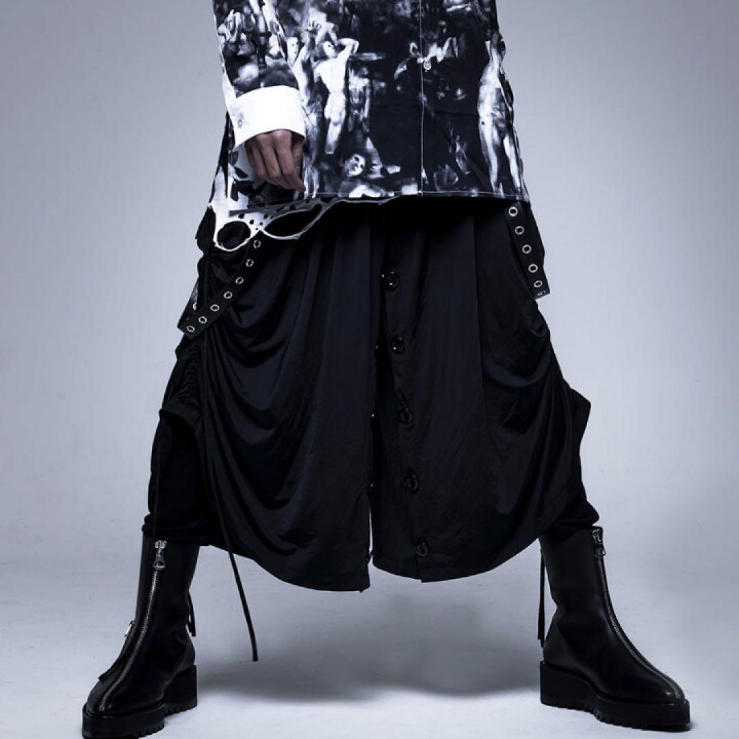 CIVARIZE PUレザーサスペンダー付きスカートレイヤードワイドパンツ
