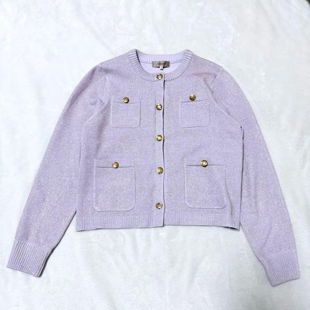 JUSGLITTY 金ボタン ノーカラーニットカーディガン 春 パープル M