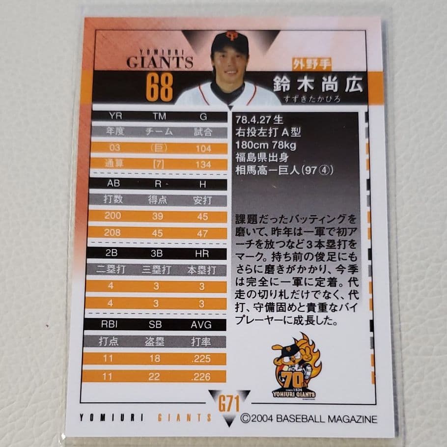 鈴木尚広直筆サイン　BBMカード　ベースボールマガジンカード