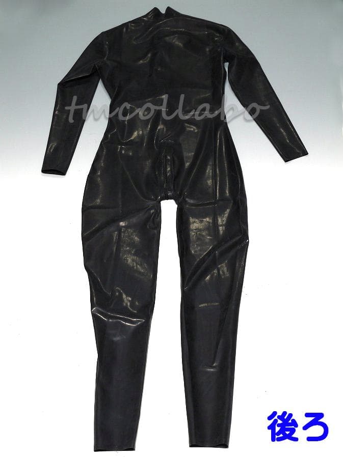 ラテックス製フロントジッパー式全身スーツ男性用（手足開口）★黒M★キャットスーツ