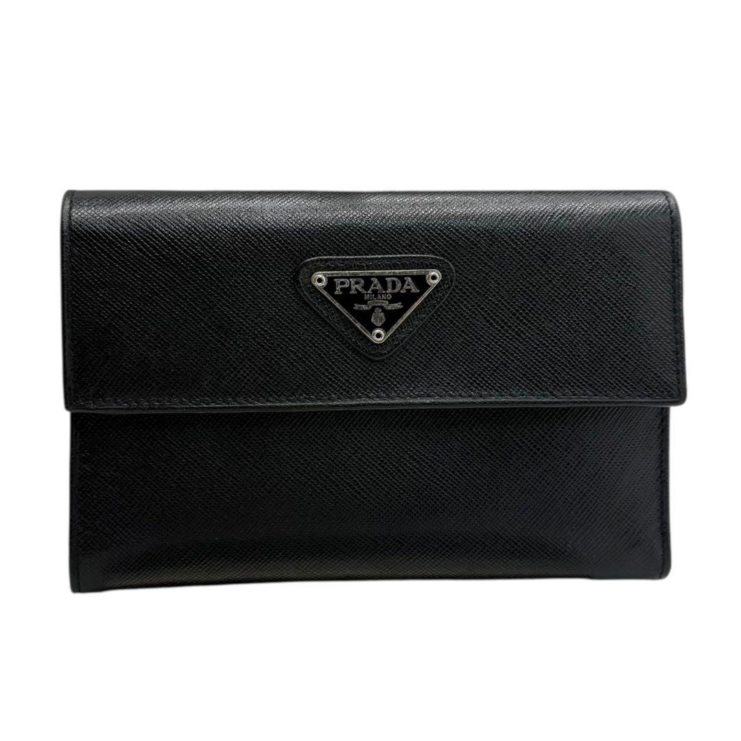 【美品】プラダ PRADA 三つ折り財布 サフィアーノレザー ブラック 小銭入れ