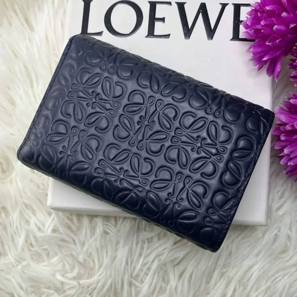 LOEWE 三つ折り財布 アナグラム ラムレザー リピート バーティカル 紺