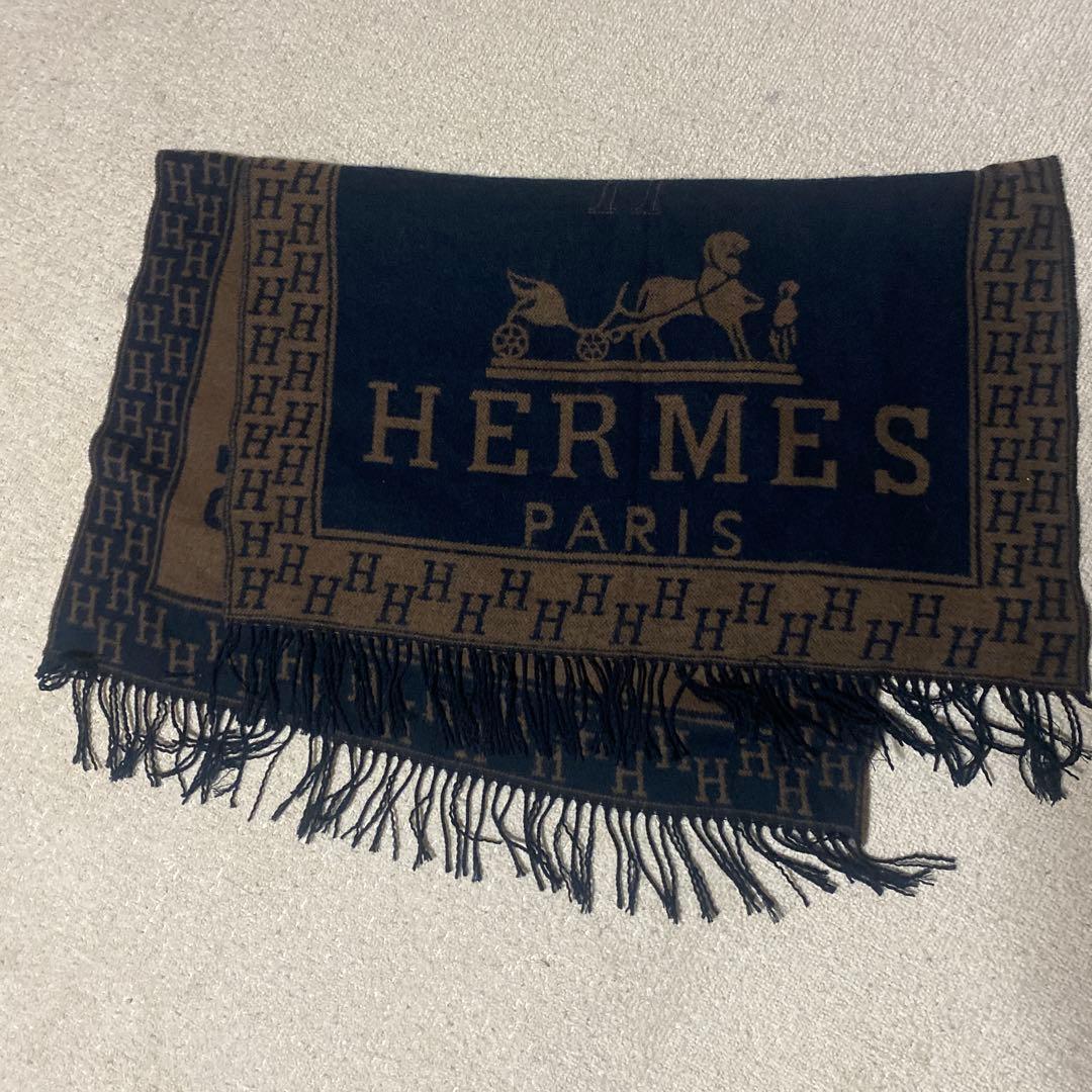 HERMES ロゴ入りマフラー ネイビー/ブラウン (大きい)