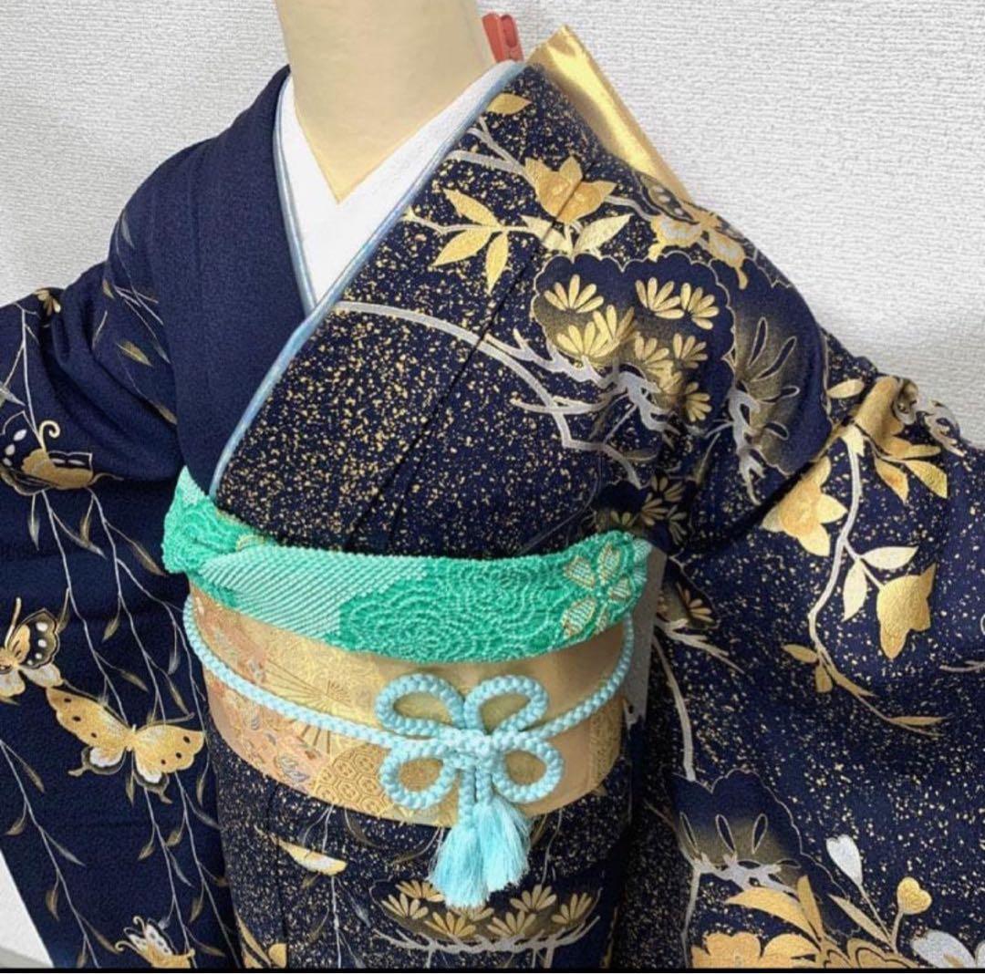 〇人気色！ 振袖 金彩 紺 ネイビー 蝶々 桜 松〇成人式 結婚式