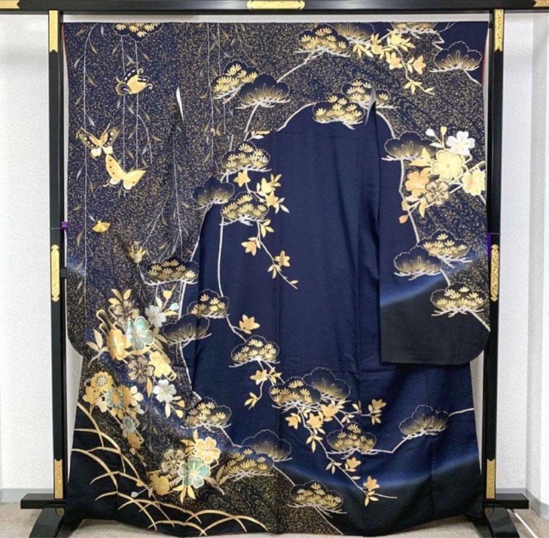 〇人気色！ 振袖 金彩 紺 ネイビー 蝶々 桜 松〇成人式 結婚式
