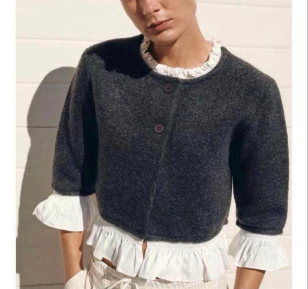 新品★ZARA グレーフリル付きカーディガンサイズS