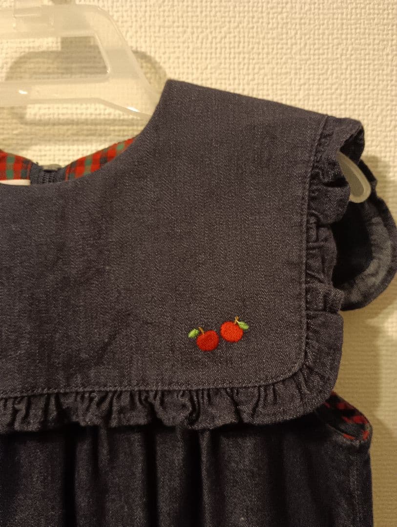 くま刺繍 フリル襟 デニムワンピース