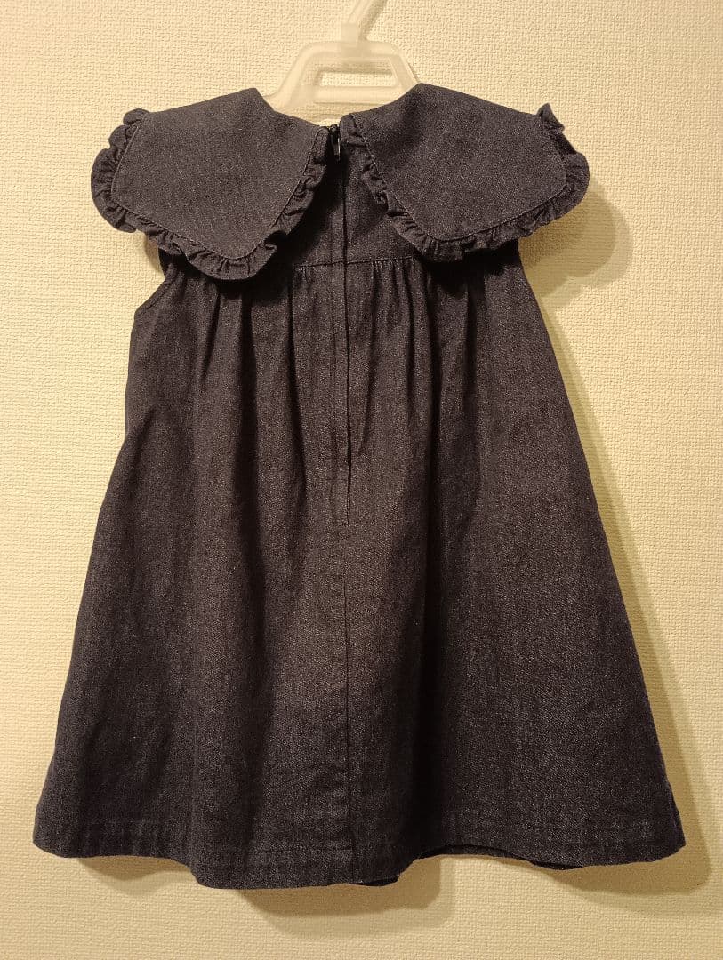 くま刺繍 フリル襟 デニムワンピース