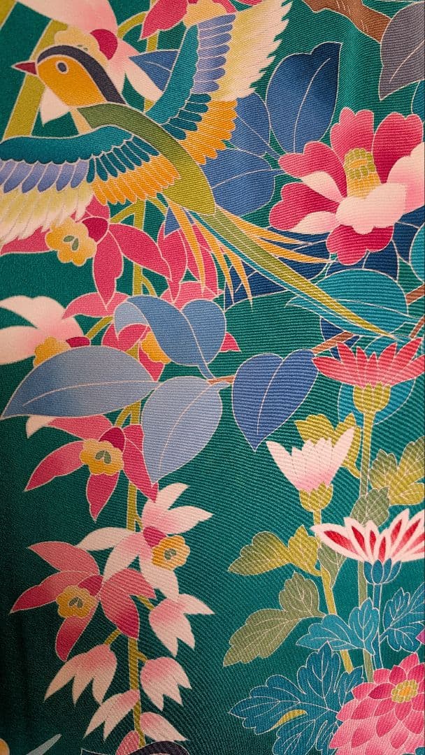 【超美品】緑色 花柄 鳥刺繍 振袖と 長襦袢セット♪