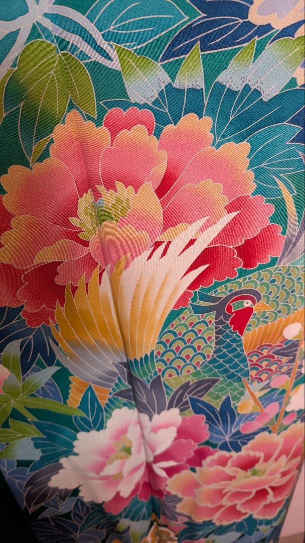 【超美品】緑色 花柄 鳥刺繍 振袖と 長襦袢セット♪