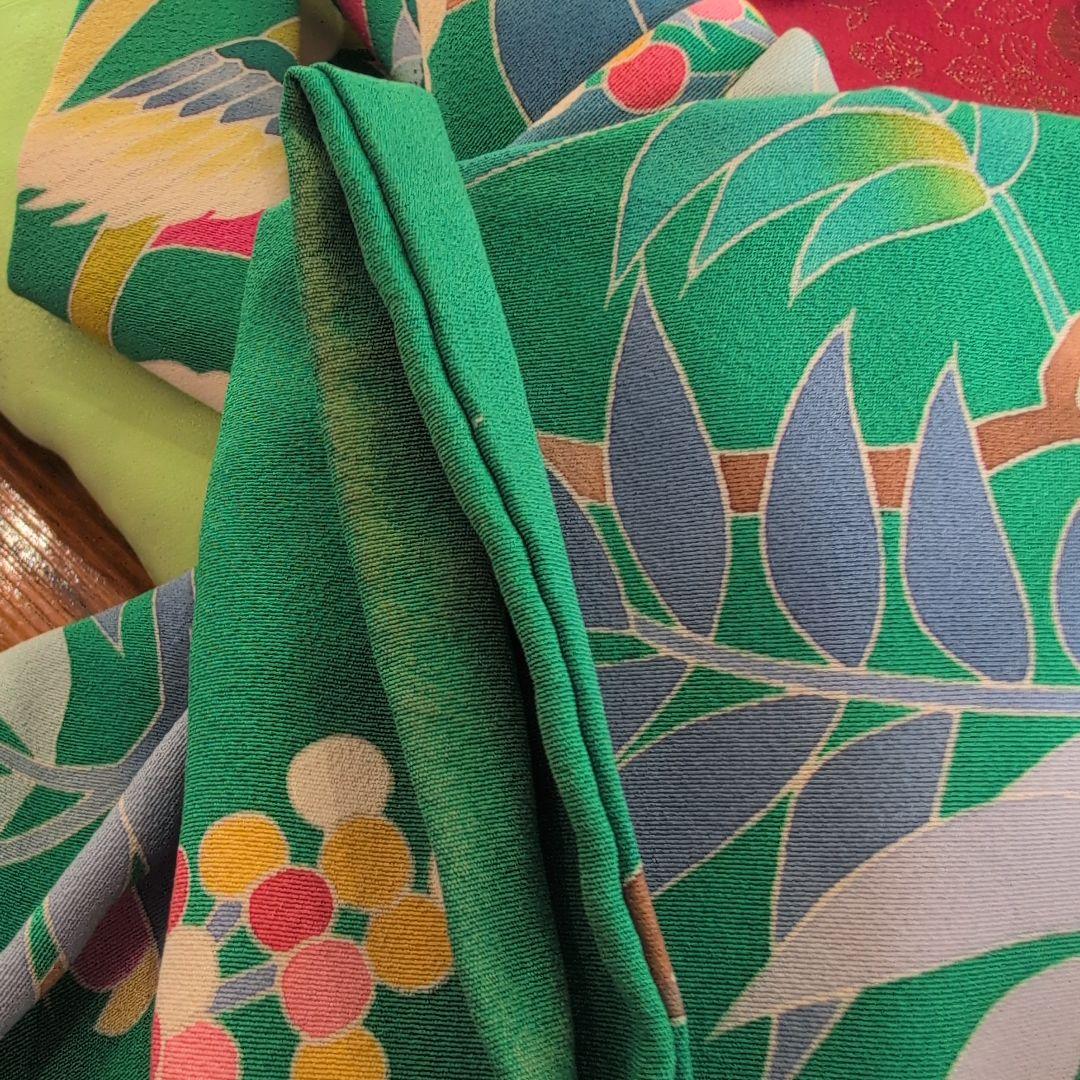 【超美品】緑色 花柄 鳥刺繍 振袖と 長襦袢セット♪