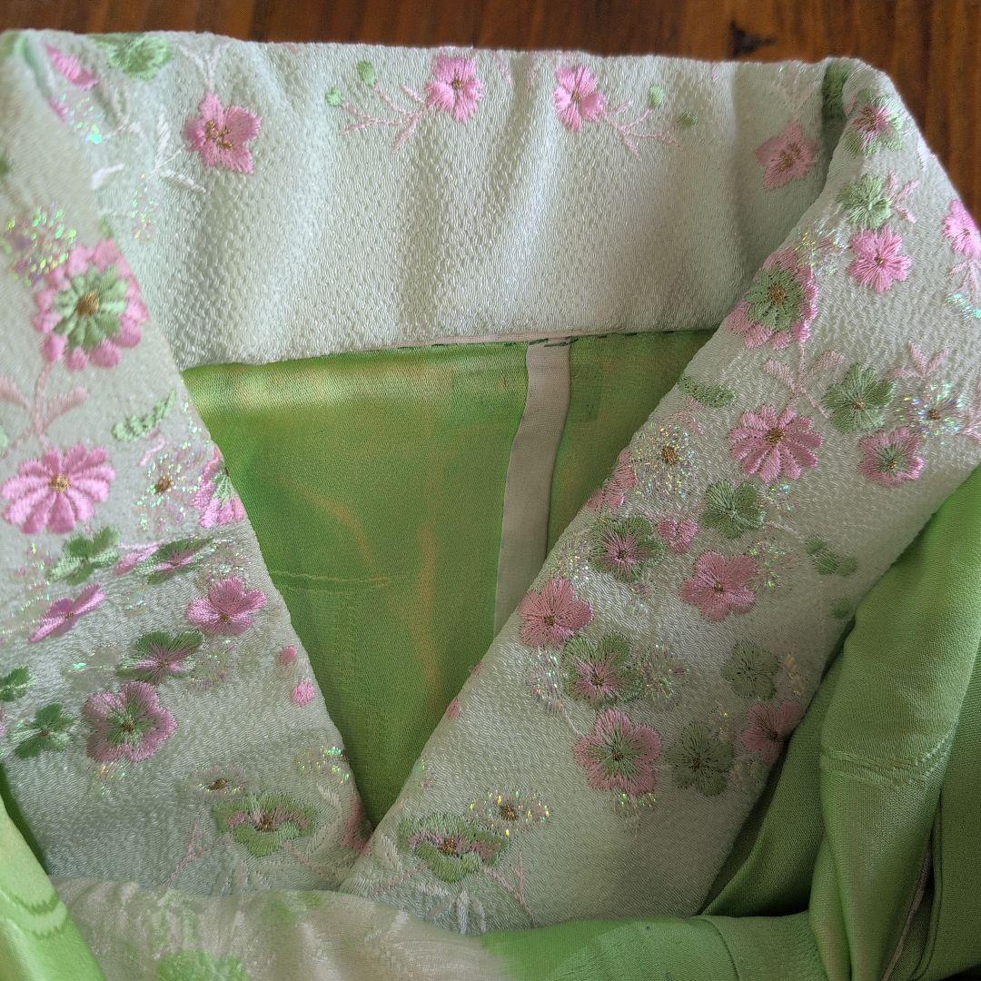 【超美品】緑色 花柄 鳥刺繍 振袖と 長襦袢セット♪