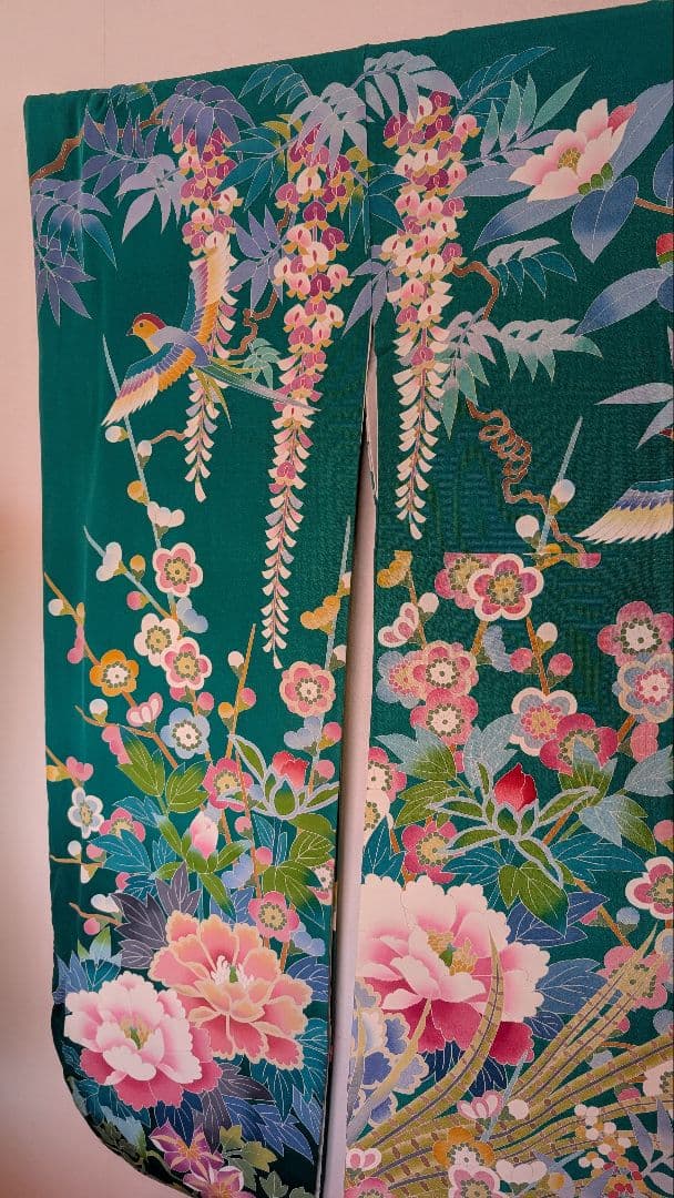 【超美品】緑色 花柄 鳥刺繍 振袖と 長襦袢セット♪