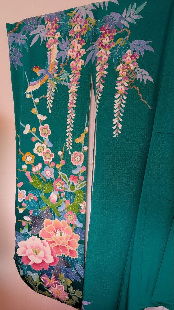 【超美品】緑色 花柄 鳥刺繍 振袖と 長襦袢セット♪