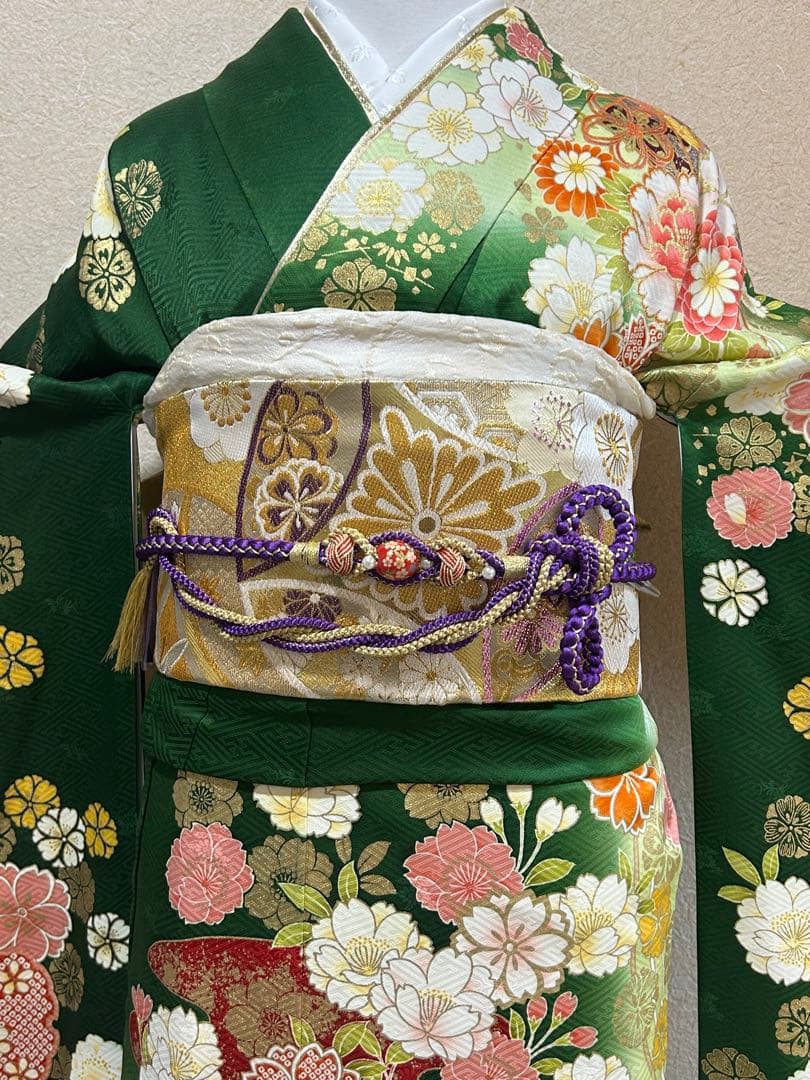 ガーベラ 振袖 5点セット　成人式　緑色 花柄