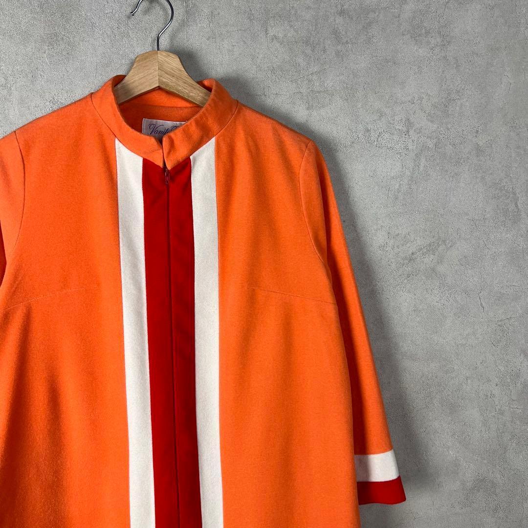 70s USA製 長袖ワンピース オレンジ パイル生地 ジップ vintage