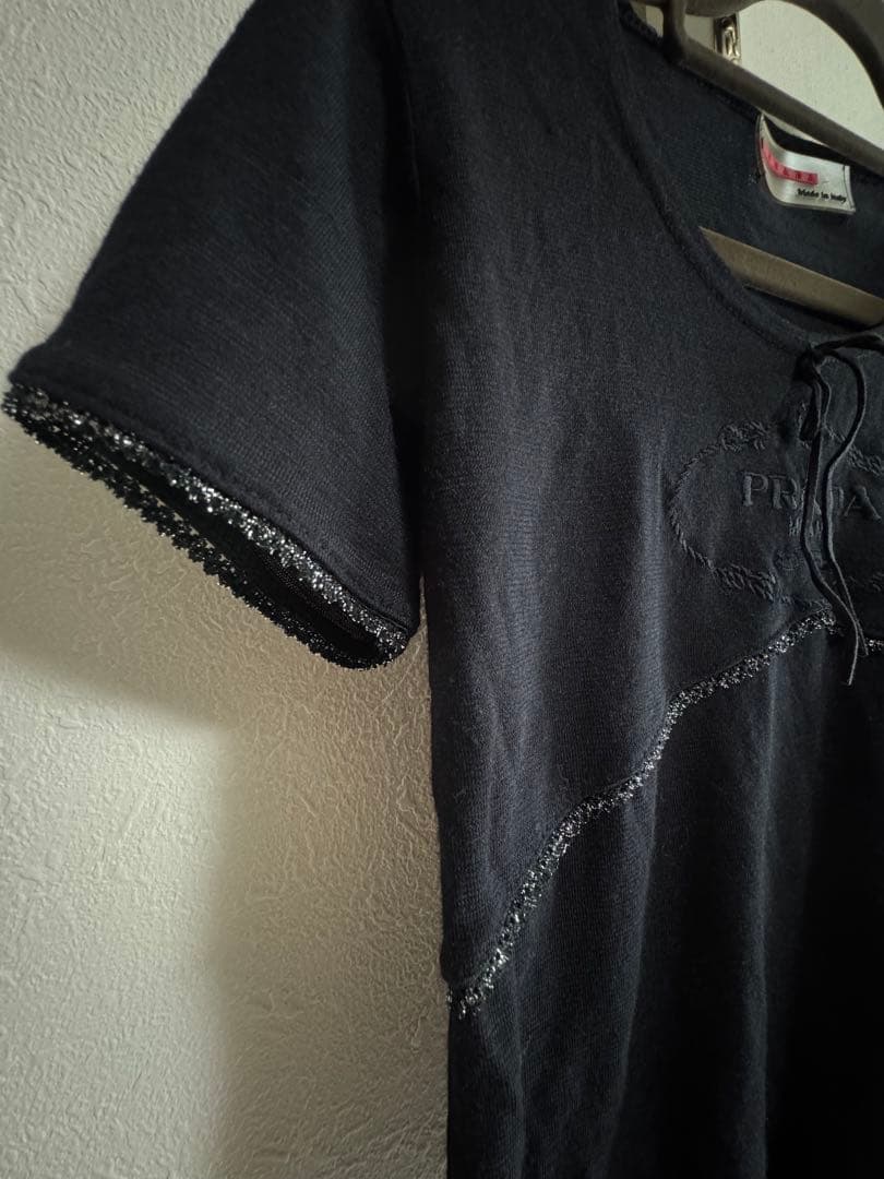 PRADA 黒半袖Tシャツ レーストリム付きsize S/M