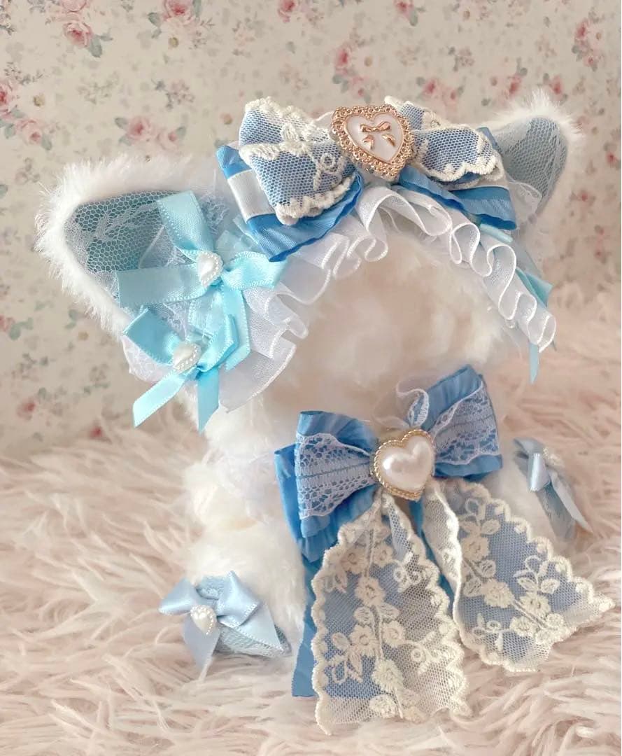 アンティーク姫系♡おすわり１２ｃｍぬい服♡ねこの着ぐるみ♡レース柄水色