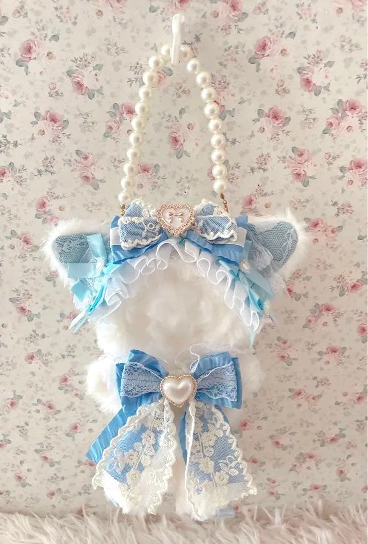 アンティーク姫系♡おすわり１２ｃｍぬい服♡ねこの着ぐるみ♡レース柄水色