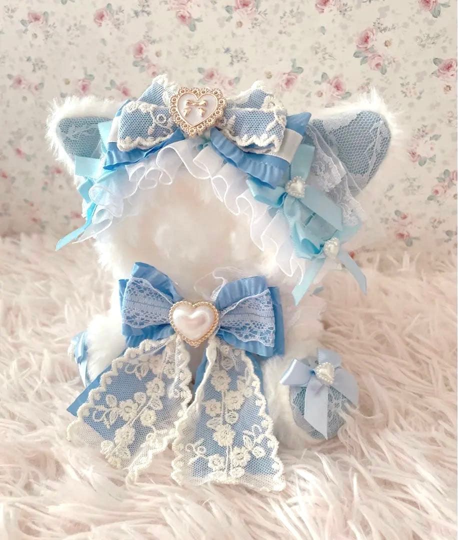 アンティーク姫系♡おすわり１２ｃｍぬい服♡ねこの着ぐるみ♡レース柄水色
