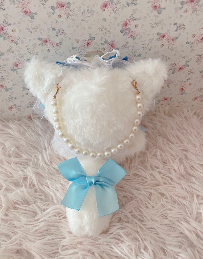アンティーク姫系♡おすわり１２ｃｍぬい服♡ねこの着ぐるみ♡レース柄水色
