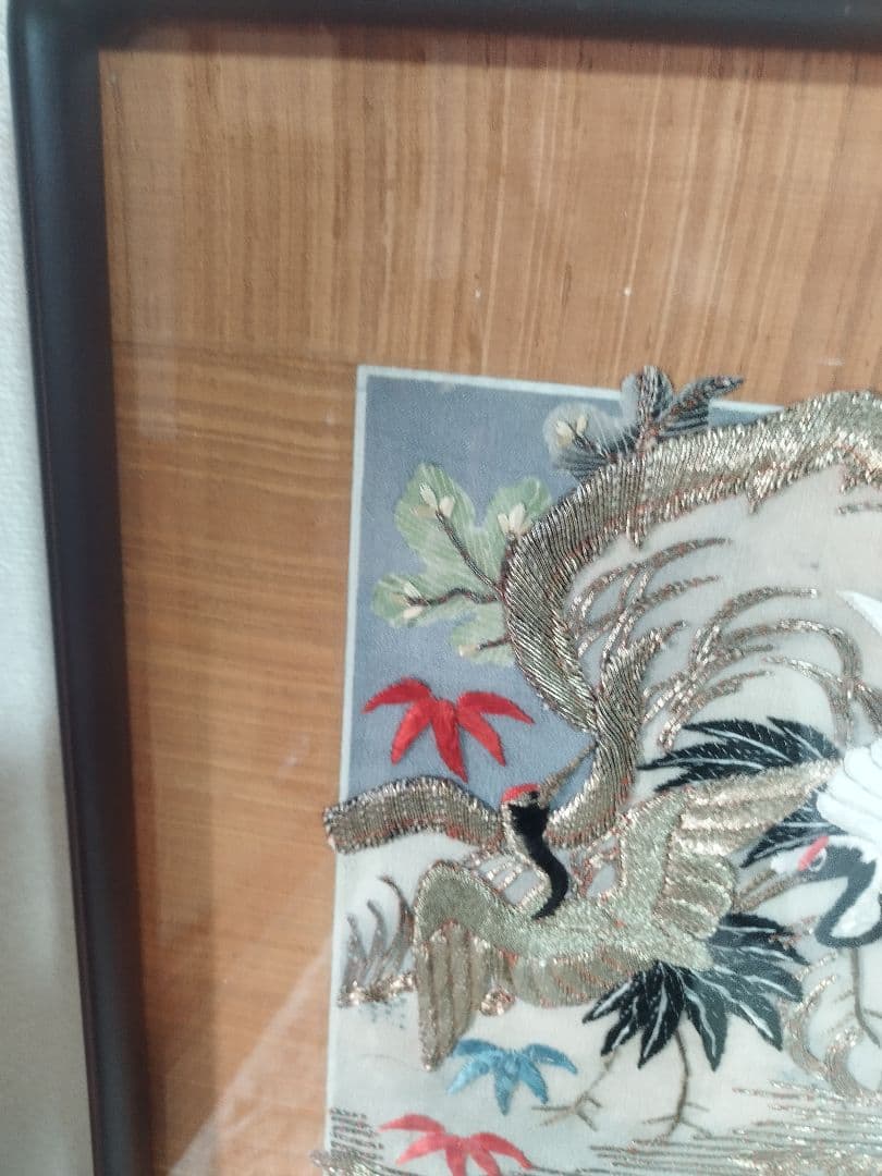 あああ　縁起物 鶴亀 刺繍 打掛 額装 和風インテリア アンティーク