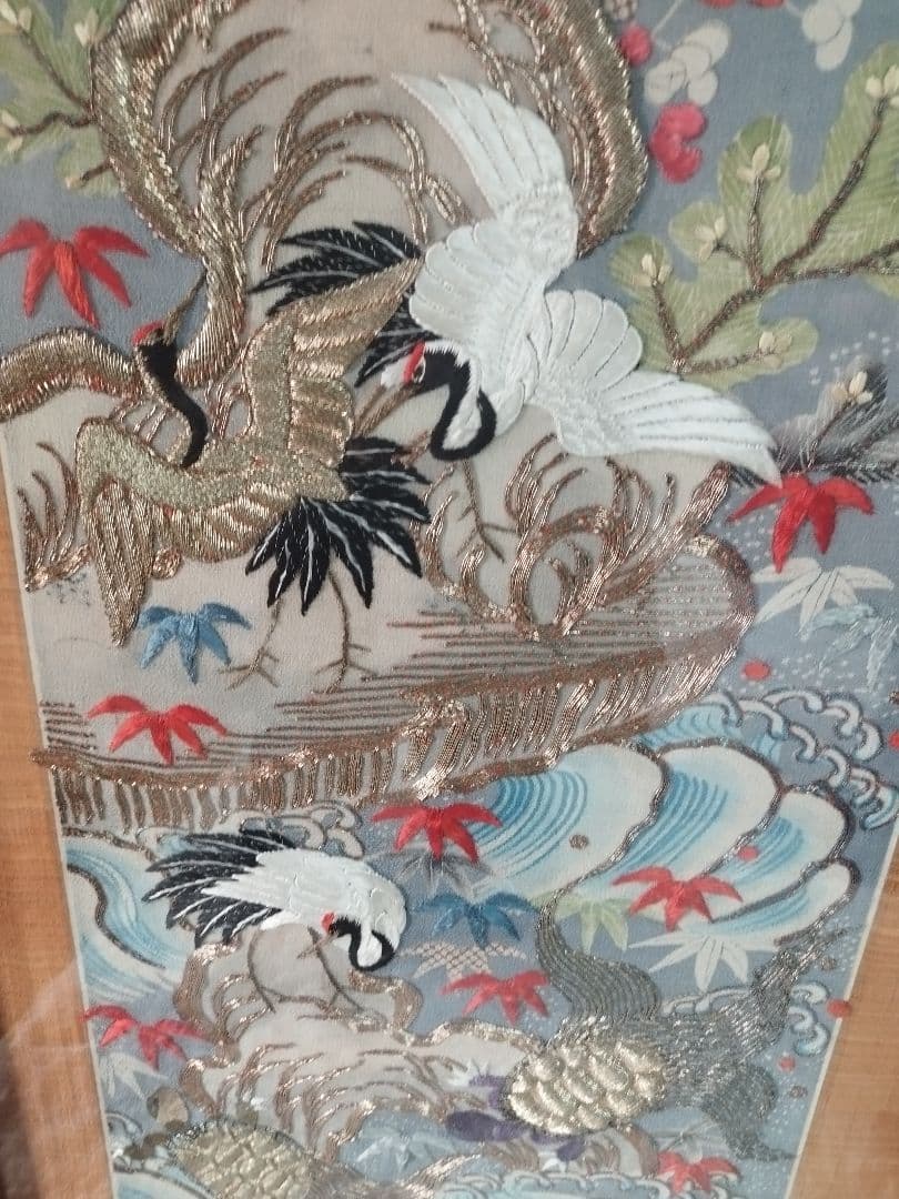 あああ　縁起物 鶴亀 刺繍 打掛 額装 和風インテリア アンティーク