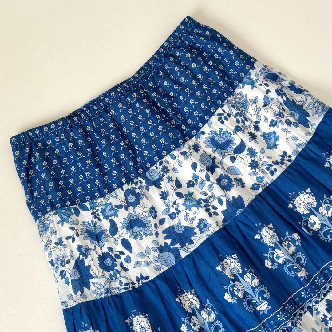 美品✨ラルフローレン インド綿100% ティアードスカート 花柄 ブルー M