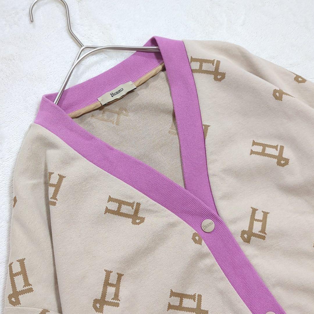 極美品 40 HERNO 近年モデル 総ロゴ モノグラム カーディガン ピンク